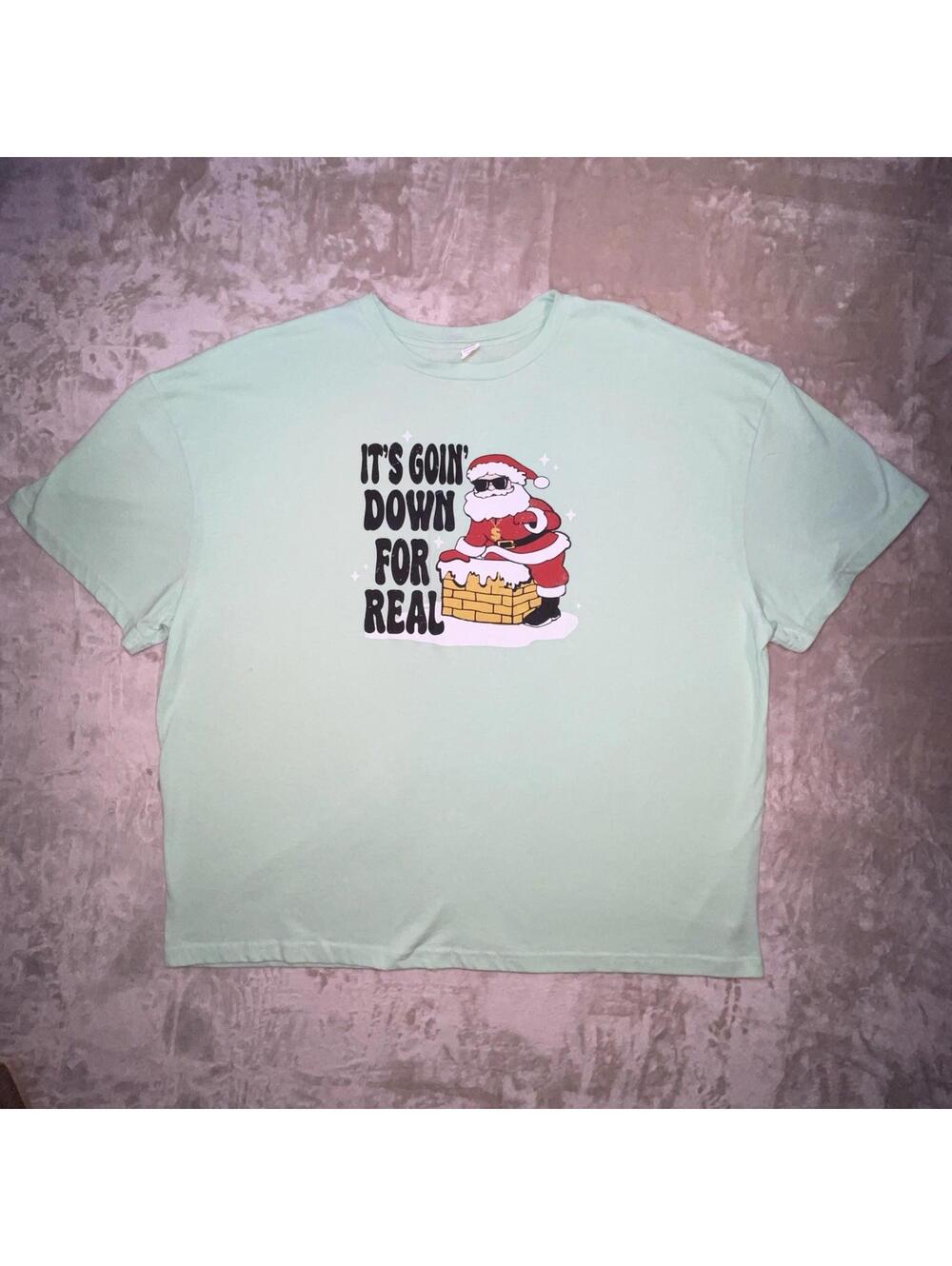 It’s Goin’ Down For Real' Santa Christmas Graphic Men’s T-Shirt Mint Green 2X